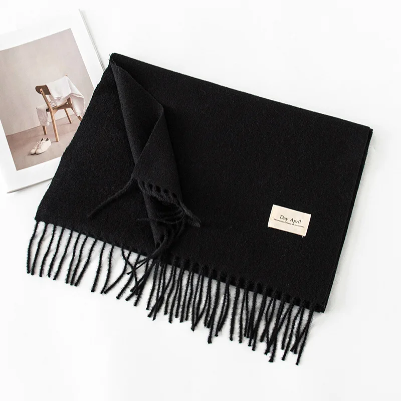 Solid Color Plain 100% Wool Scarf With Tassel Women Man Winter Warm Neck Scarves Shawl Female Cashmere Scarf 2024