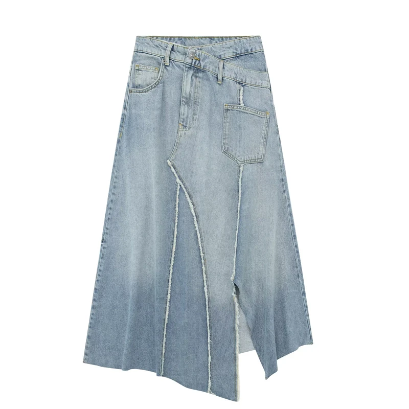 

2023 Summer New High Waist Retro Raw Edge Denim Skirt Fashion Asymmetric Slit High Street Women's Street All-Match Long Skirt