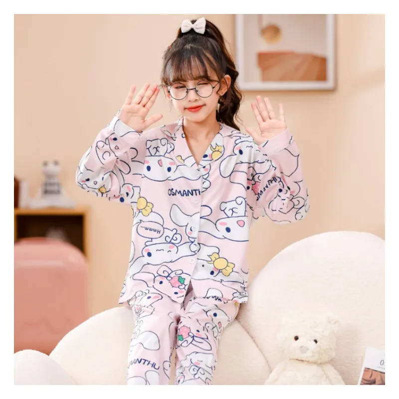 

Anime Sanrios Children's Cotton Pajama Set Cartoon Cinnamoroll Hellokittys Kuromi Cute Girl Printed Long Sleeved Pants Home Wear