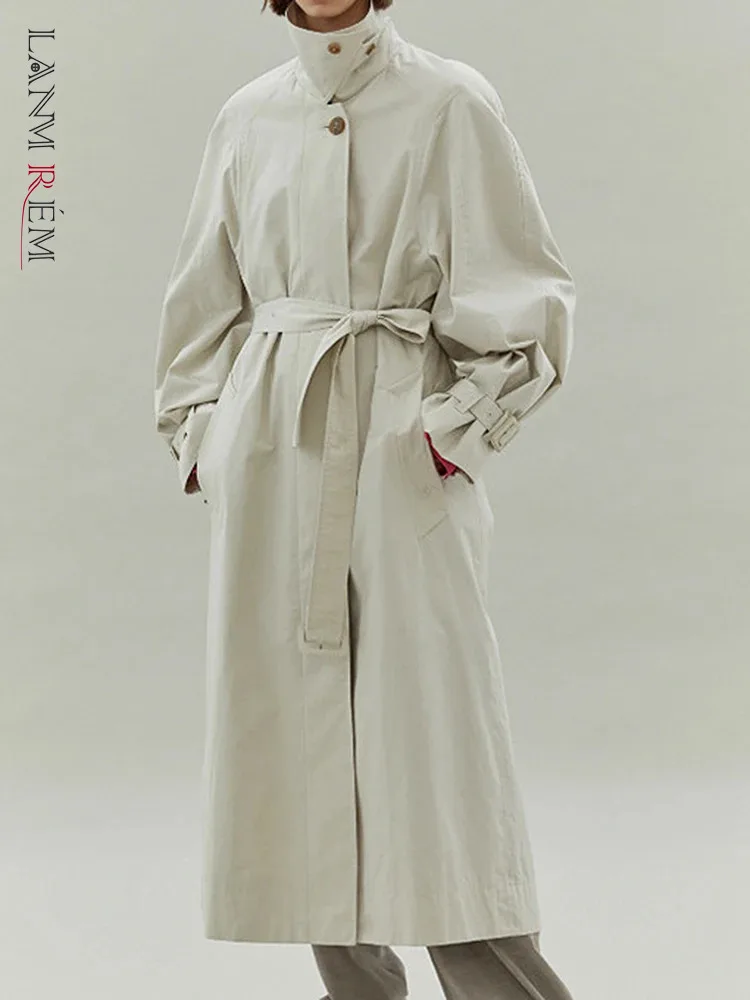 

[LANMREM] High End Lace-up Design Trench For Women Lapel Single Breasted Long Sleeve Elegant Outwear 2024 Spring New 26D4945