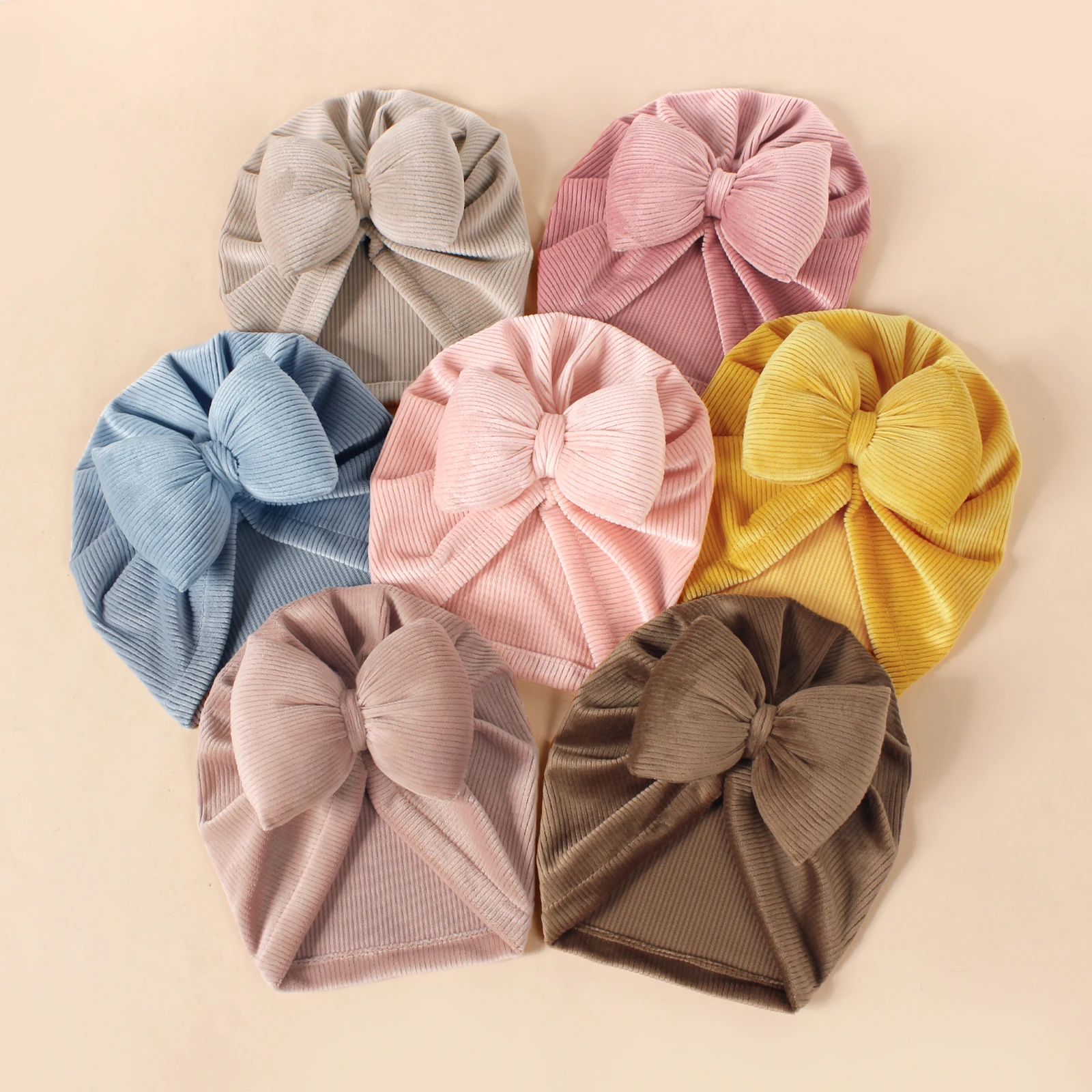 Cute Babes Corduroy Beanie Cap Large Puffy Bow Hat Girls Big Velvet Hat Warm Winter Turban For Kid Toddler Infant Baby Headwear new soft cotton round knot turban babes donuts headwraps solid baby india hat kids girls infant beanie cap toddler baby headwear