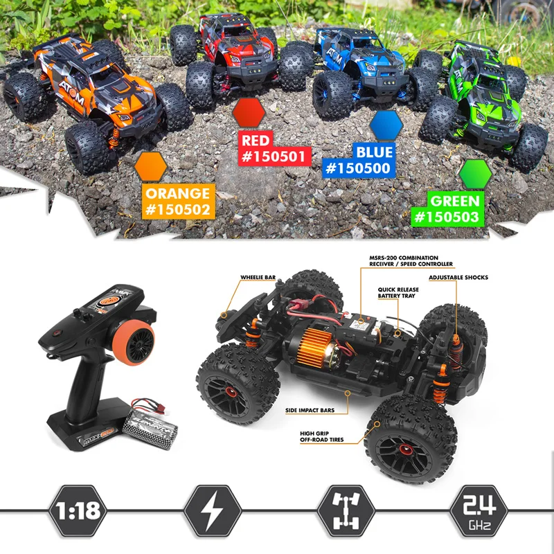 HPI 매버릭 ATOM 1/18 스케일 RC 몬스터 트럭 전동 4륜 구동 브러시드 오프로드 LED 라이트 방수 기능 탑재 즉시 운행 가능 모델 자동차