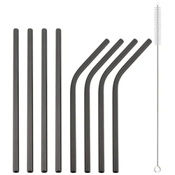Premium Stainless Steel Reusable Straw Set - 8 - Piece with Cleaning Brush (Black)