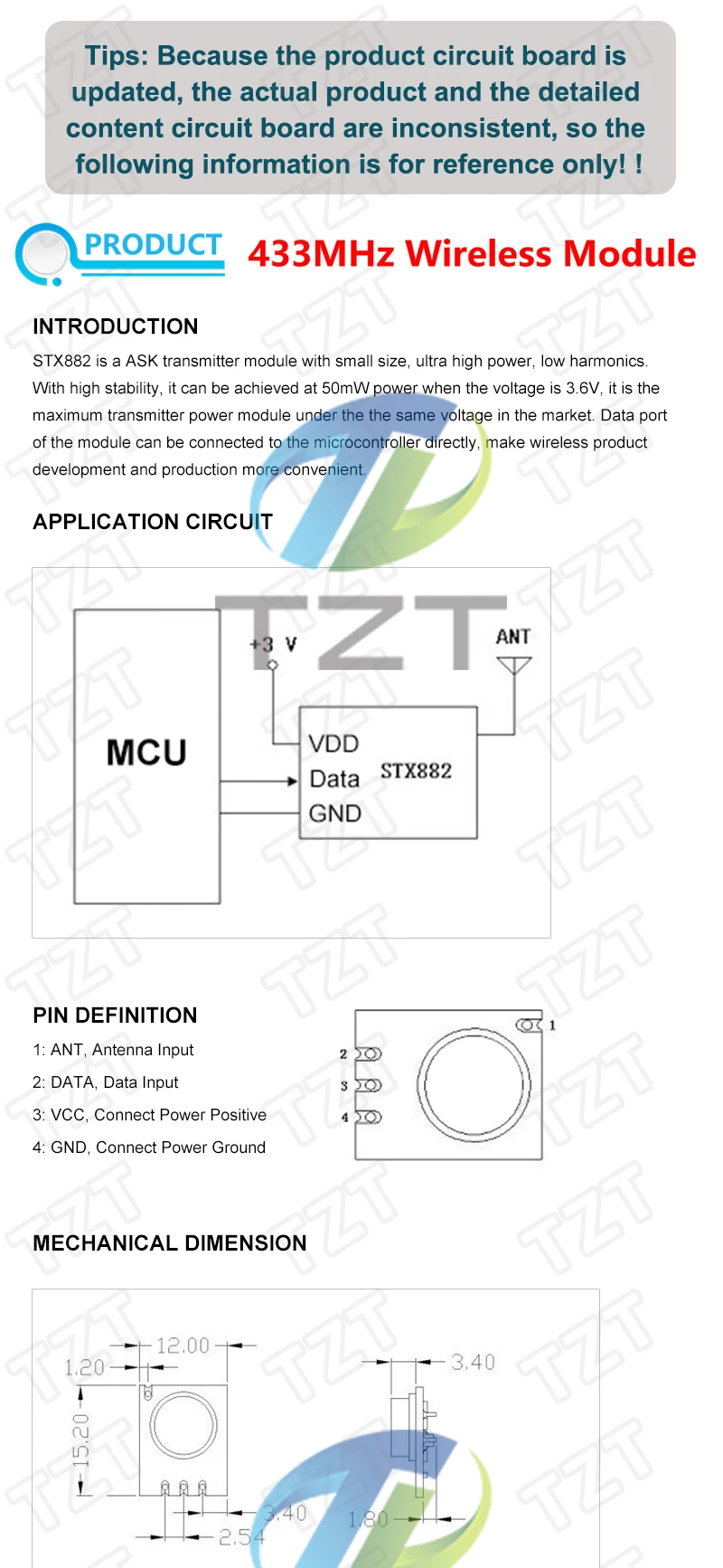 TZT 1/3Set 100 Meter 433MHz Modul-Kit ASK Sender STX882 + ASK Empfänger SRX882 + 2 Stück Kupfer-Federantenne – Detail 1