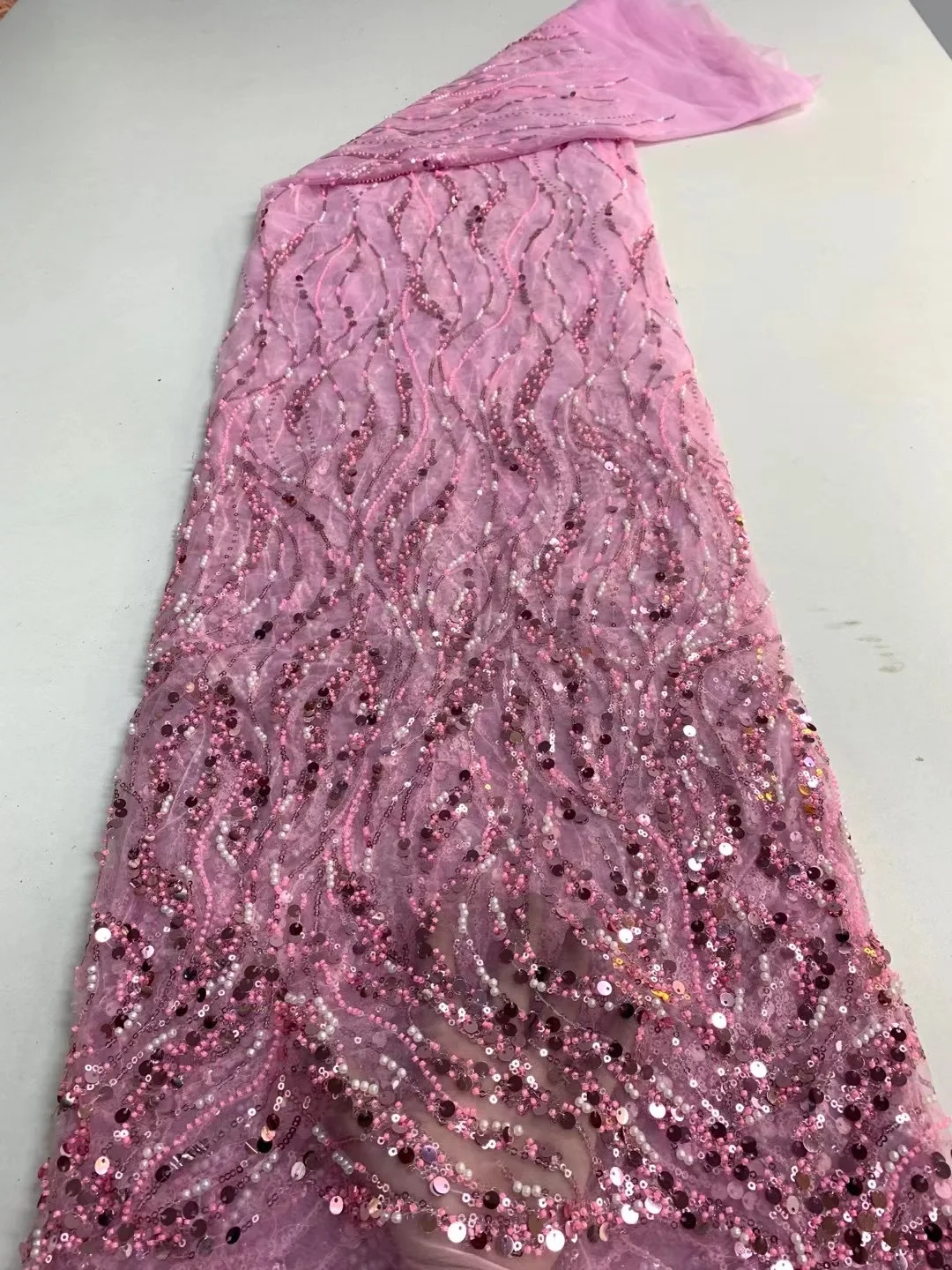 Latest Luxury Sequins Tulle Lace African Handmade Beaded Lace French 2022 High Quality Fabric Nigeria Bride Wedding Dress Sew