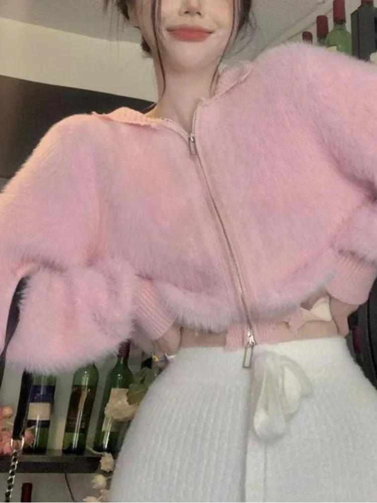 

Pink Knitted Korean Sweet Sweaters Women Warm Casual Elegant Cardigan Autumn 2024 Long Sleeve White Y2k Harajuku Designer Coat
