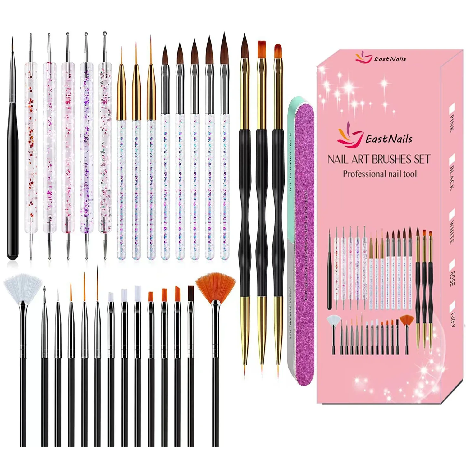 Nail Art Brush Kit for nail painting, floral carving, gem placement, gel application, color blending, and line work.