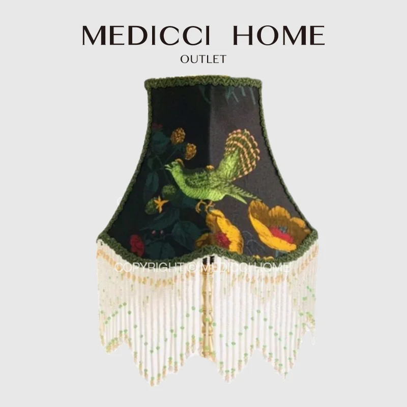 

Medicci Home Retro Nostalgic Style Desk Lampshade Ornate Traditional Bird Floral Jacquard Handmade Lamp Cover With Beads Tassels