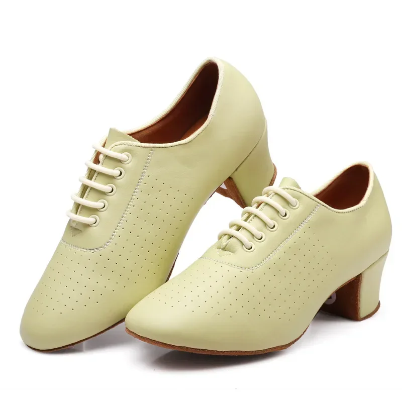 Breathable Airholes Cowhide Latin Dance Shoes for Women 5cm High Heel Ballroom Dance Shoes Orange Pink Purple Girls Stage Shoes 5
