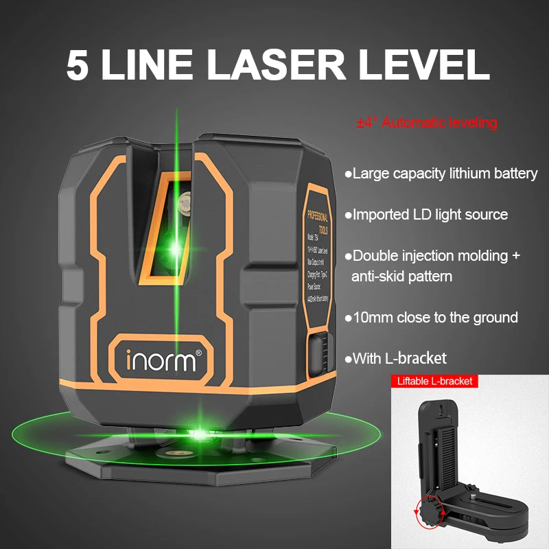 Tanie 5 linii zielony Laser poziom ziemi Laser poziom l-wspornik tryb impulsowy samopoziomujący sklep