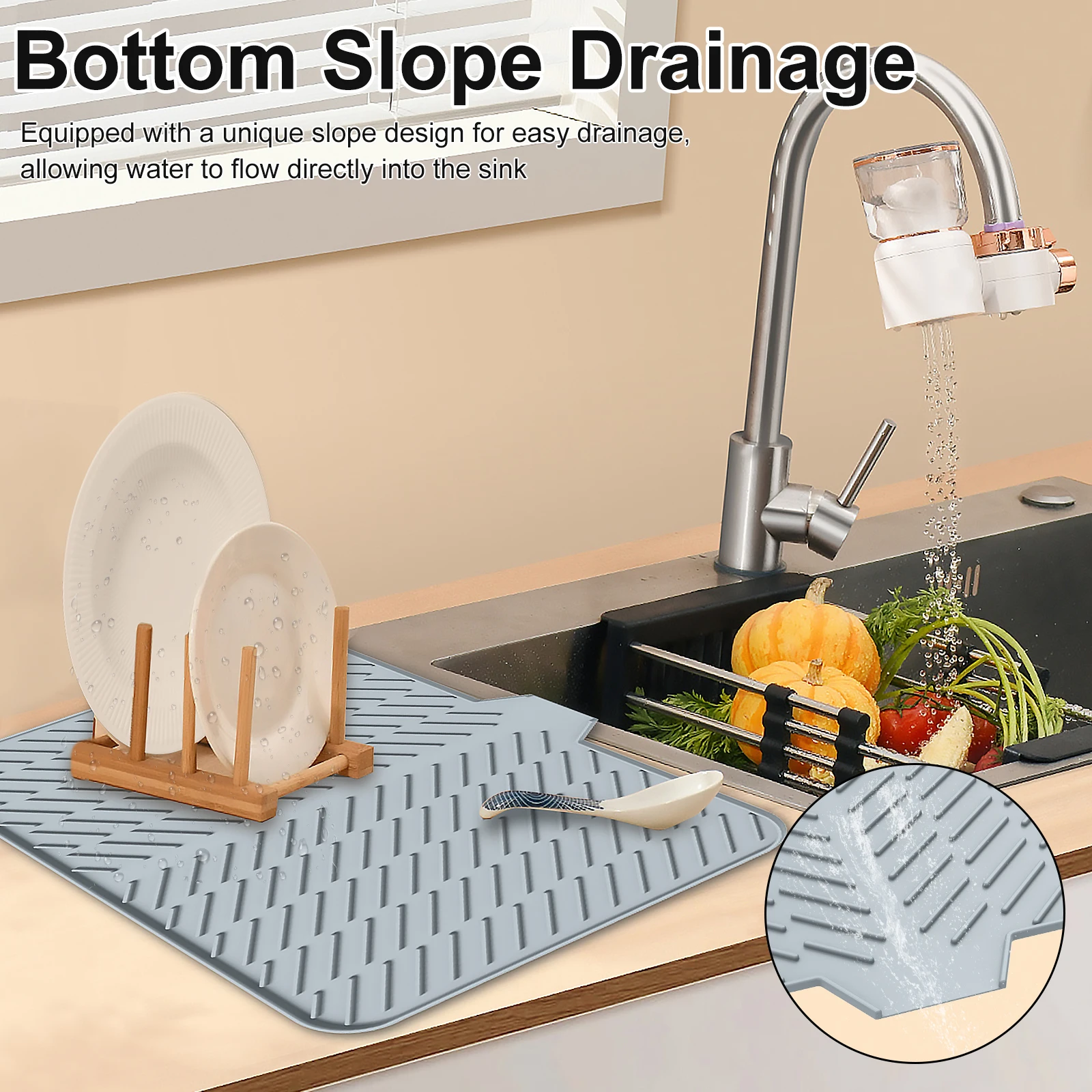 Silicone Dish Drying Mat for Kitchen Non-Slip Drain Pad with Water Outlet , Heat Resistant Dish Drying Pad for Plates Cups