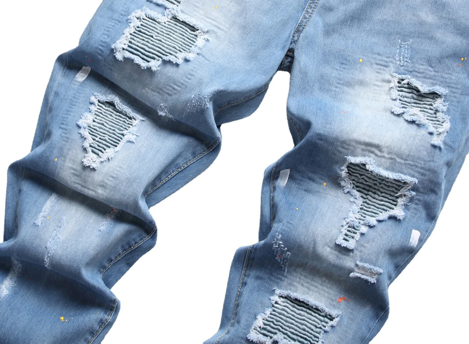 Hip hop style multiple ripped patch Valley bone  light blue paint splash small straight leg jeans