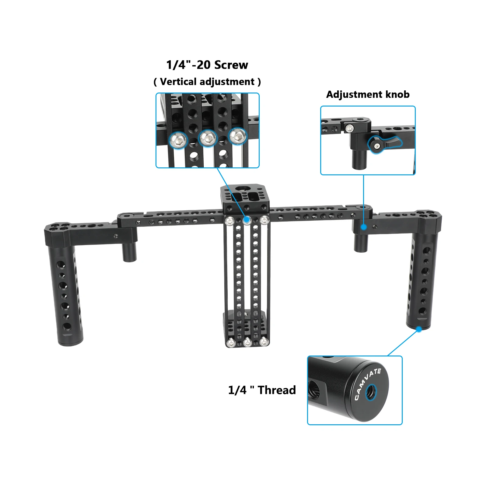 Camera Monitor Cage with  Height Adjustable Cheese Base Plate and Handgrips Fits