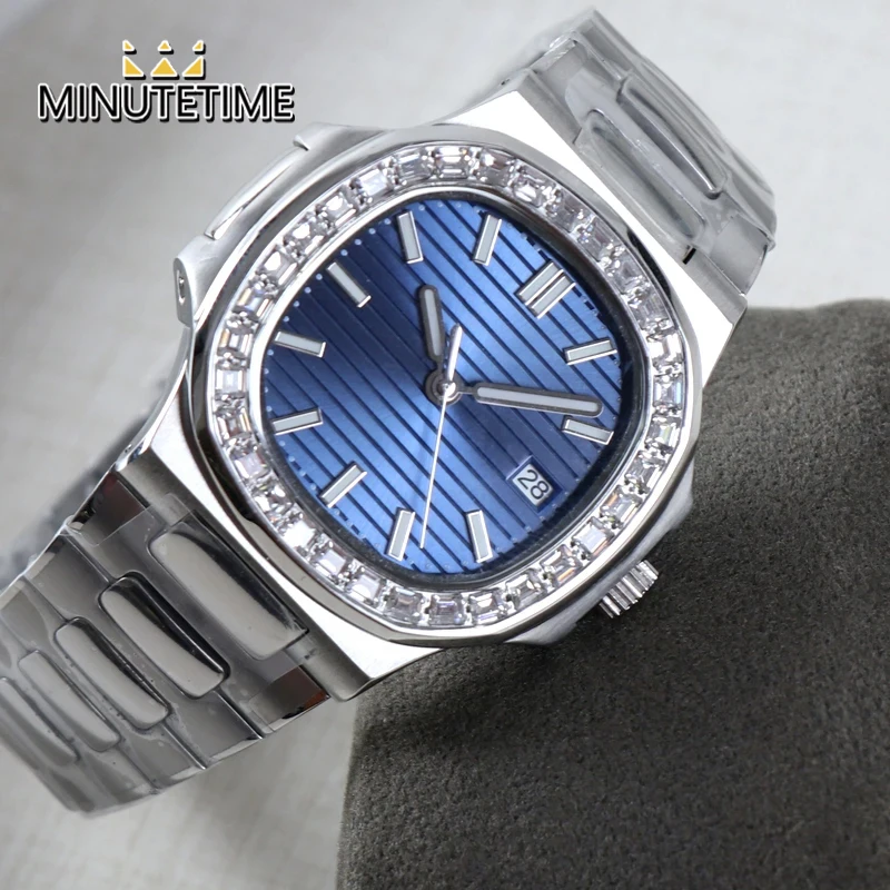 

DIY Logo NH35 Watch Mechanical Watches MEN Steel Strap Automatic Movement NH35 Blue Dial 3bar Sapphire Diamond Jewelry Crystal