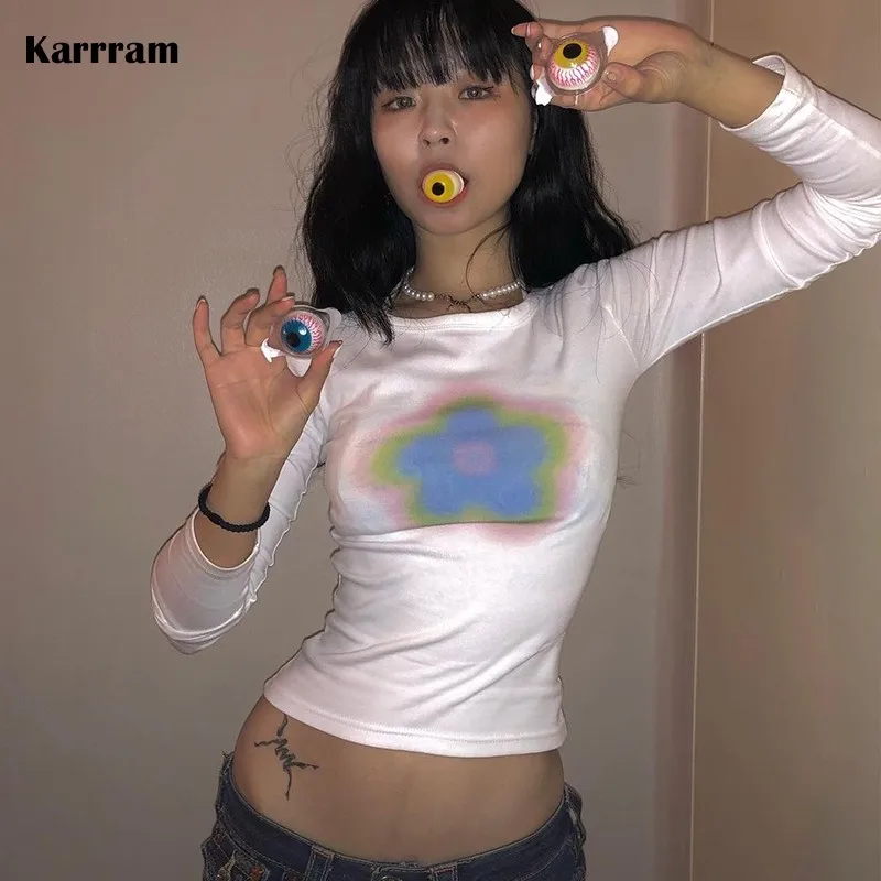 

Кроп-топ Karrram Y2k эстетичный с длинным рукавом, футболка с графическим принтом и градиентом, одежда для гранжа из Fairycore, корейская мода, уличная одежда