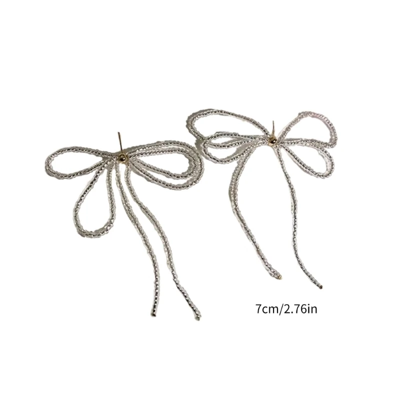 652F 한국어 Tassels 비즈 Bowknot 귀 스터드 귀걸이 여자를위한 여자 달콤한 멋진 리본 보우 드롭 귀걸이 웨딩 쥬얼리 선물