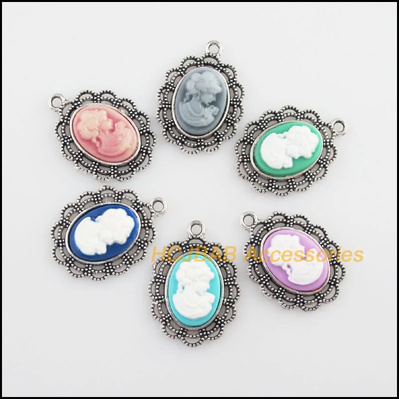 

Fashion 12New Oval Beauty Lady Mixed Resin Charms Tibetan Silver Plated Pendants 23x32mm