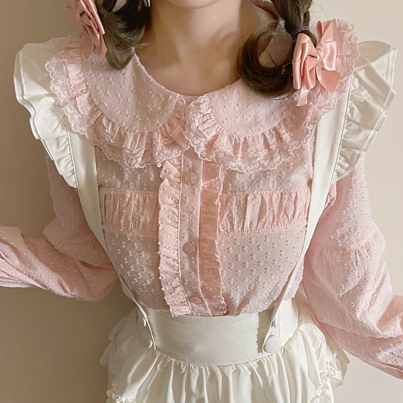 

Kawaii Lolita Blouses Women Sweet Cute Peter Pan Collar Lace Ruffles Cotton Shirts Top Vintage Elegant Long Sleeves Blusas Mujer