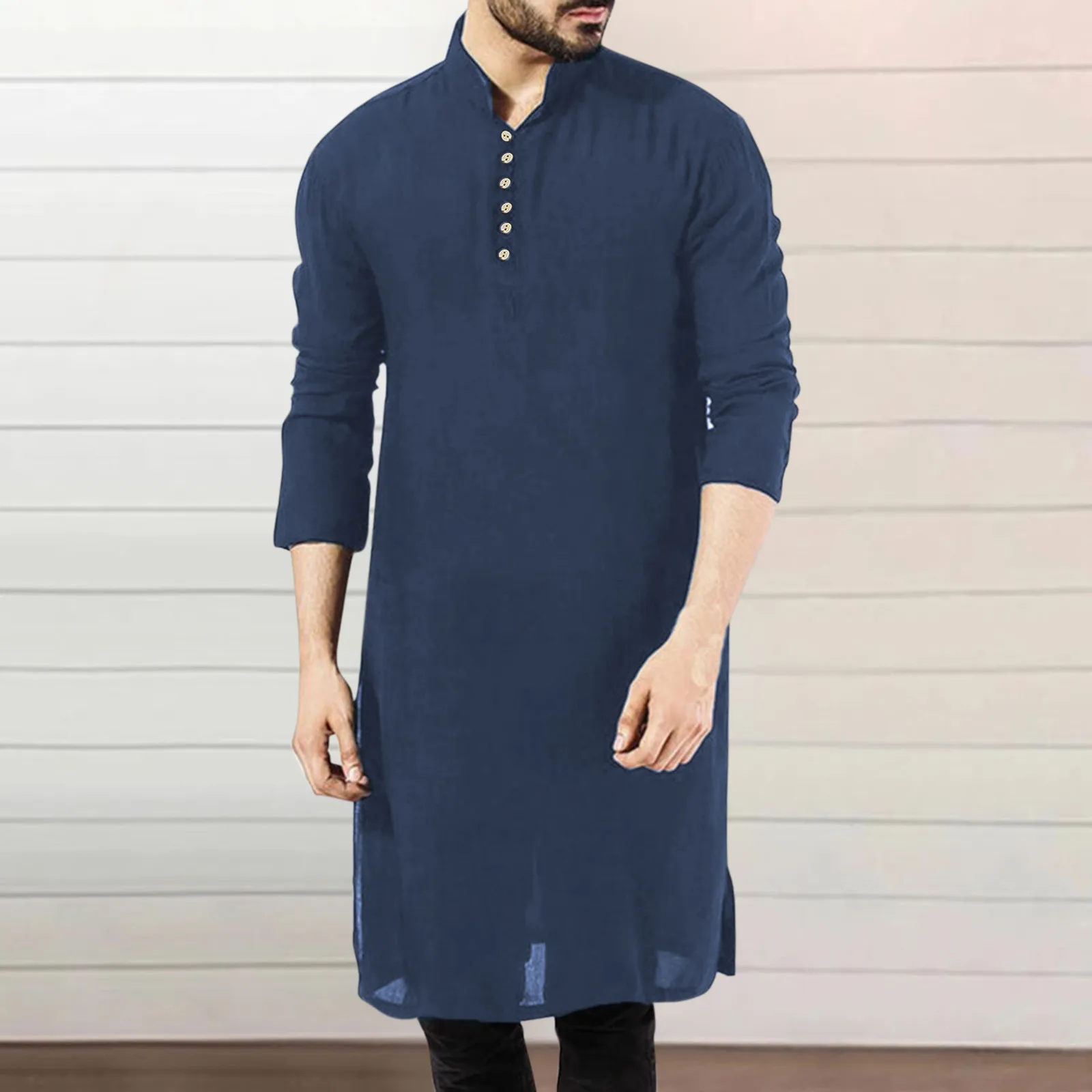 Мусульманская модная мужская длинная одежда, однотонная Арабская простая повседневная мужская рубашка с длинным рукавом Jubba Thobe, новинка 2024
