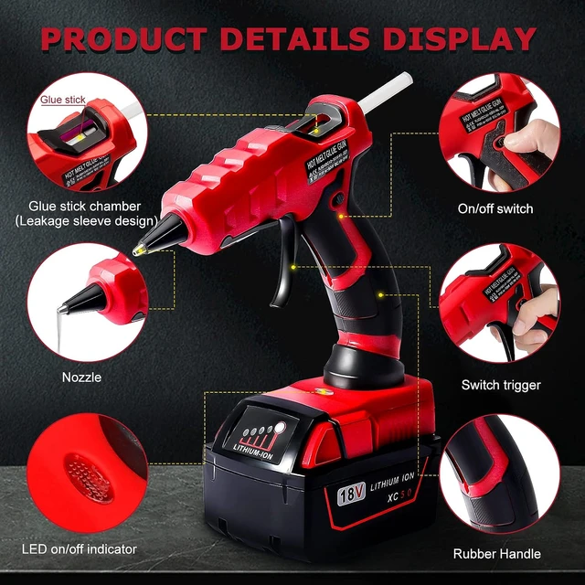 For Milwaukee M18 18/20V Cordless Hot Melt Glue Gun with 2A 18V Li-ion  Battery 30 Pcs Glue Gun Sticks Power Tool