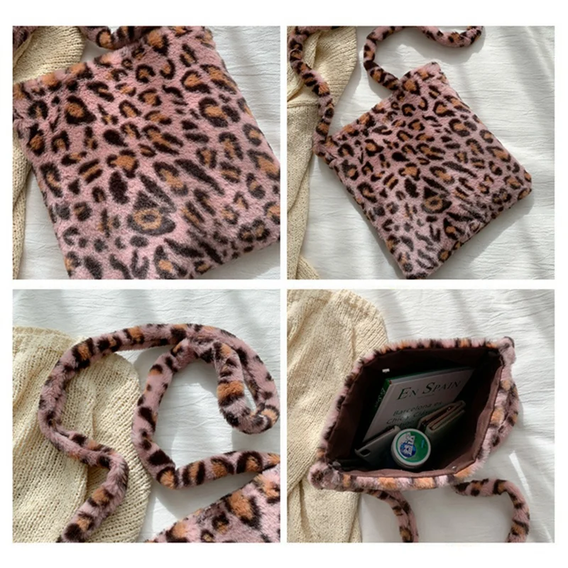Leopard Print Plush Women's Shoulder Bag Fashion Retro Warm Handbag Large Capacity Casual Messenger Bag