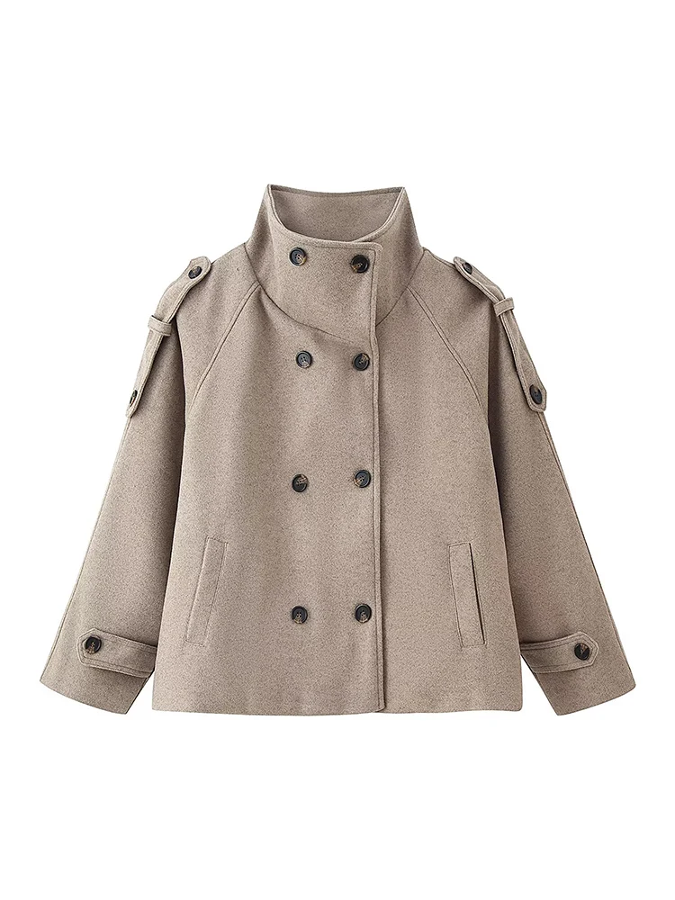 New Women High Neck Woolen Coat Double Breasted Loose 2025 Autumn Short Elegant Fashion Jacket Casual Lady Street Outerwear