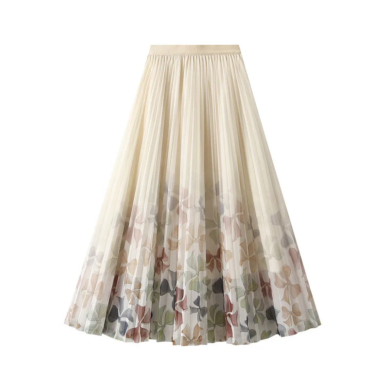 

Printed mesh half skirt for women's summer 2024 new floral yarn skirt mid length draped pleated skirt A-line skirt