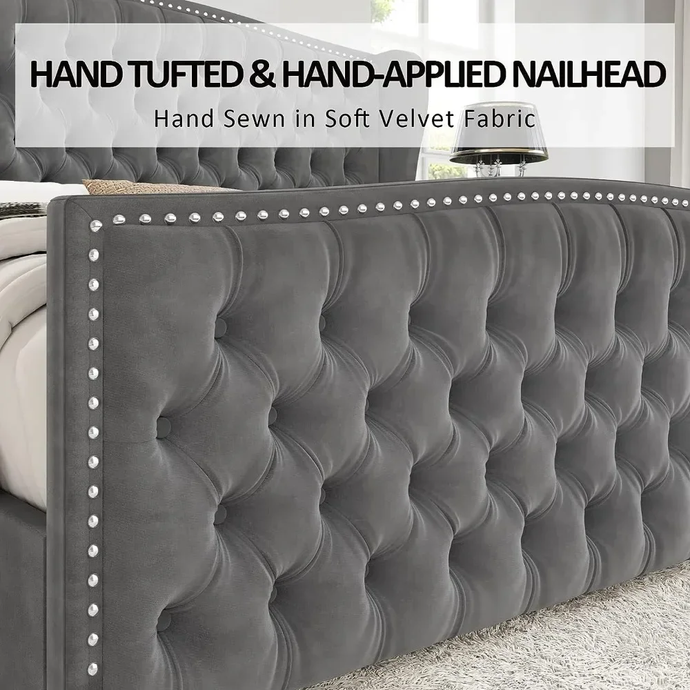 Description Picture 5 of itemKing Size Bed Frame, Velvet Upholstered Beds with Deep Button Tufted & Nailhead Trim Wingback Headboard, Platform Bed Frame