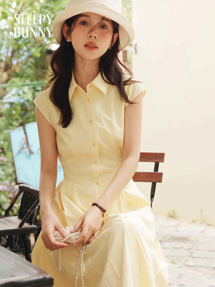 Yellow Cap Sleeve Shirt Dress Women Summer French Style Slim
