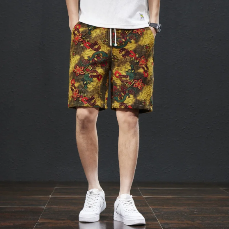 2024 Summer New Chinese Style Printed Beach Pants Men's Loose Trendy Capris Street Leisure Outdoor Shorts 2