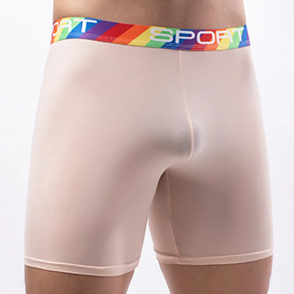 

Men Long Legs Trunks Boxer U Convex Pouch Underwear Sports See-Through Underpants Ice Silk Shorts Slip Homme Swimwear