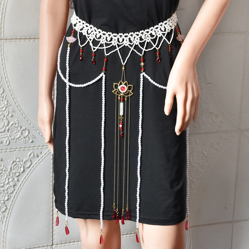 

Женская цепочка для тела в античном стиле, длинная цепочка для живота с кисточками и жемчугом ручной работы, элегантные пляжные цепочки с бусинами