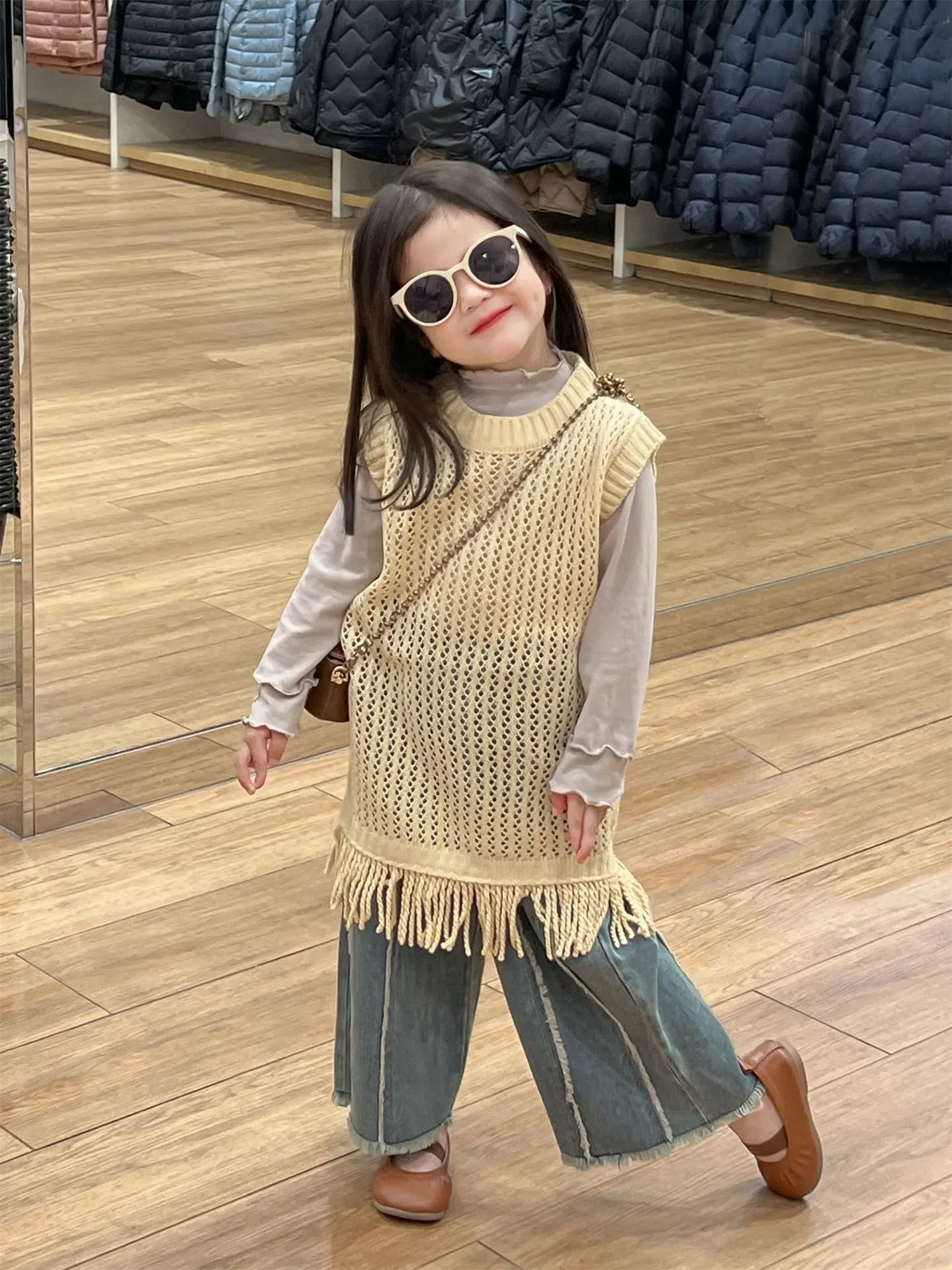 Spring New Korean Style Children Fashion Girl Knitted Vest Skirt Little Girl Knitted Hollow Sweater Vest
