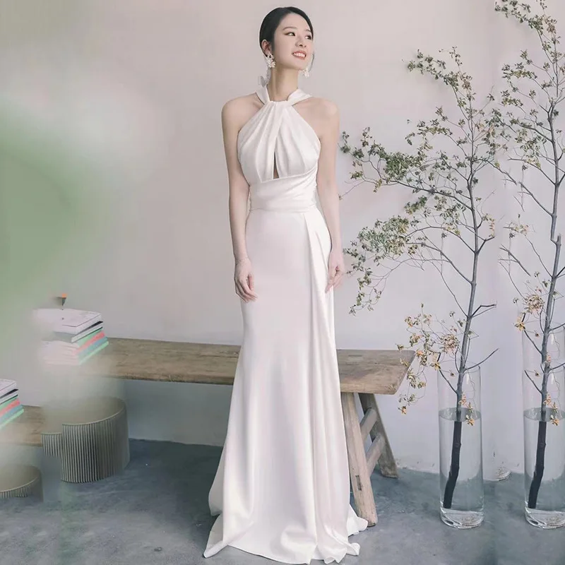 

French Style Light Wedding Dress New Hanging Neck Backless Simple Brides White Stain Wedding Party Dresses Long Split Beach Gown