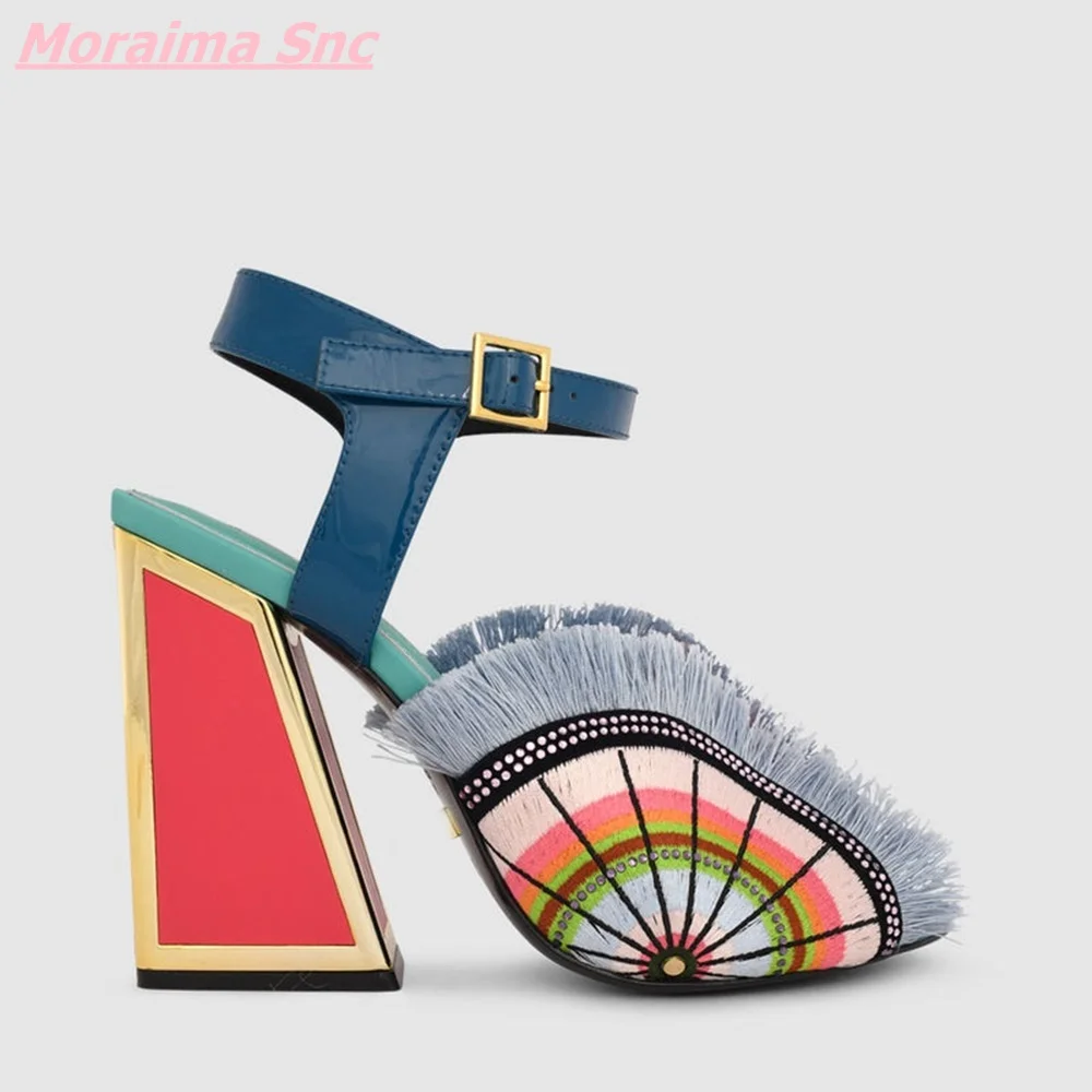 

2023 Multi-color Stitching Women Sandals Genuine Leather Novelty Silk Spike Heels Open Toe Buckle Strap Comfortable Mixed Colors