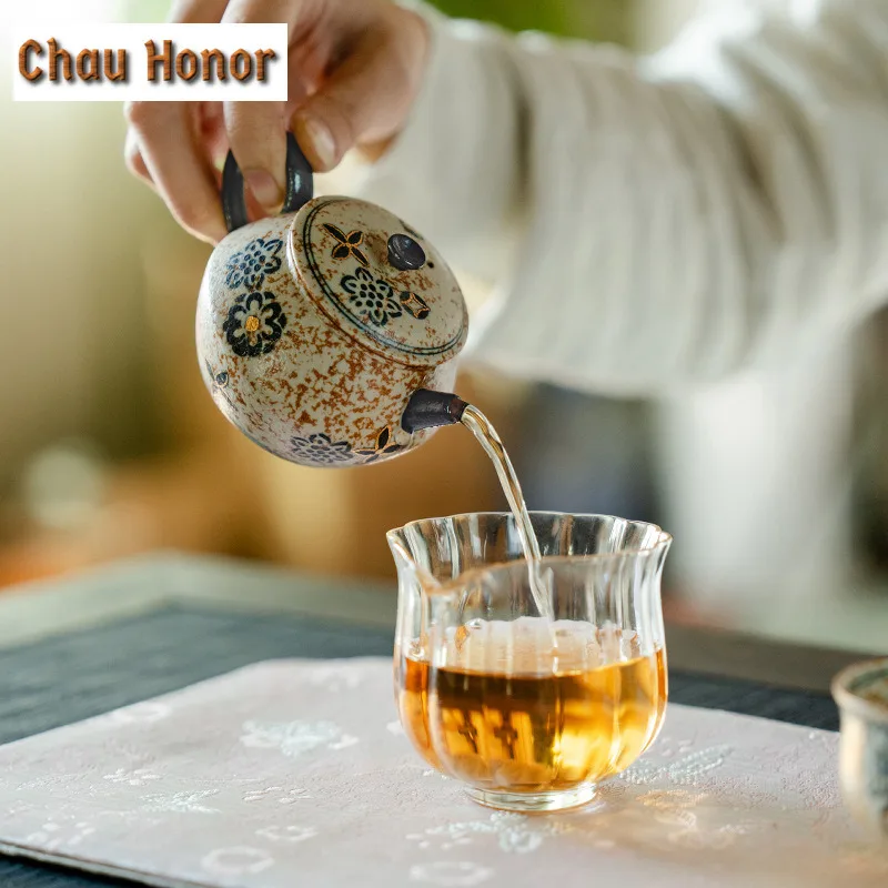 110ml Blue And White Flint Red Teapot Vintage Gold Drawing Embroidered Ball Flower Pot Tea Making Kettle Tea Items Decoration