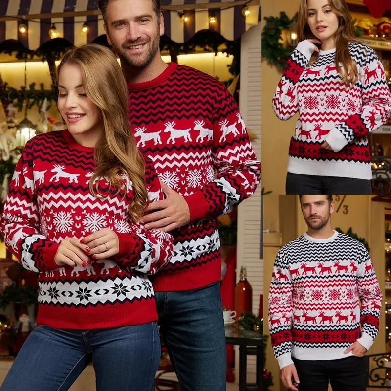 New couples clothing men and women Christmas sweater women round neck elk jacquard long-sleeved sweater 2022 autumn and winter new style commuter long casual printing stitching round neck long sleeved sweater split skirt suit women