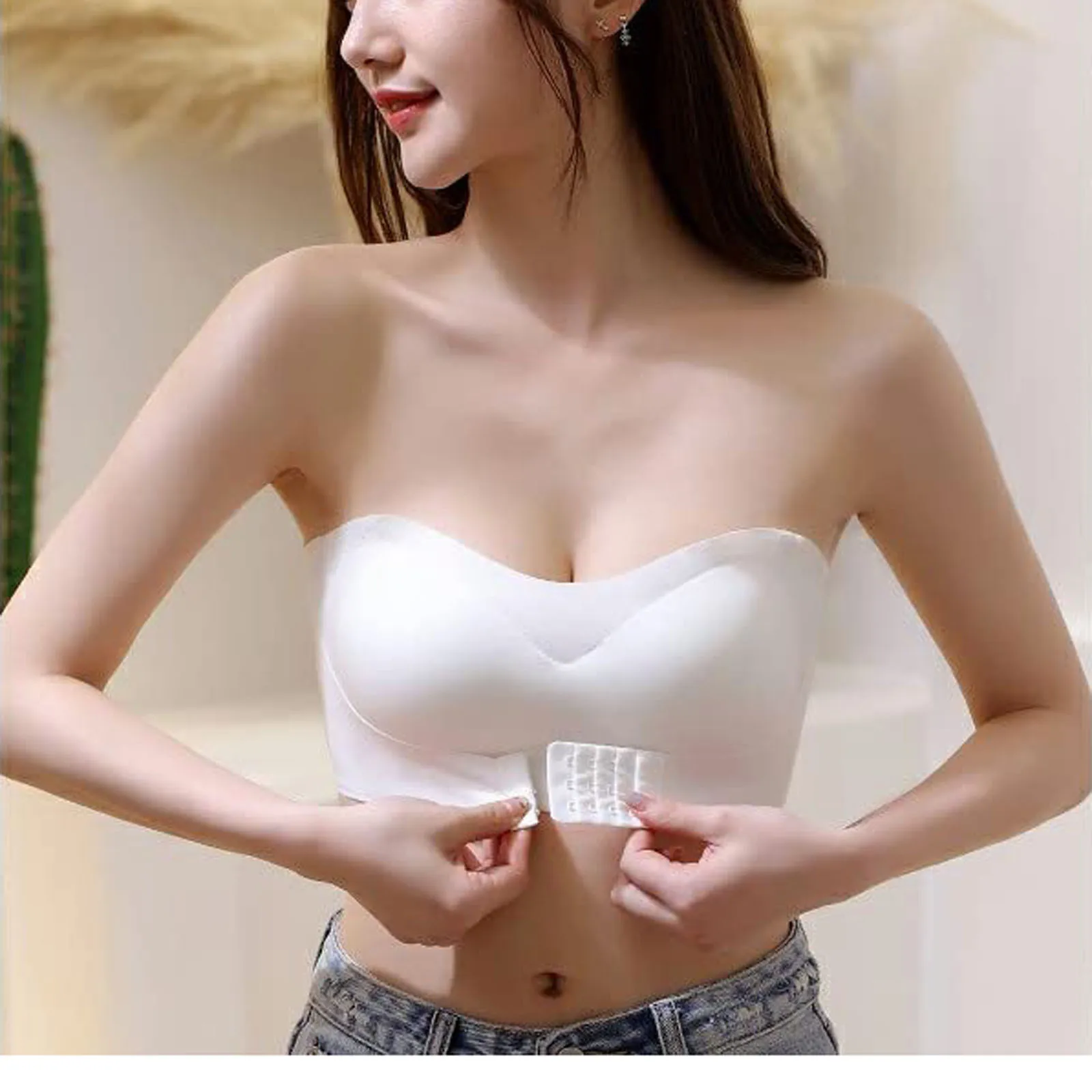 

Women Invisible Strapless Bra Without Steel Ring Full Coverage Front Opening And Closing Gathering Underwear Sexy Lingerie