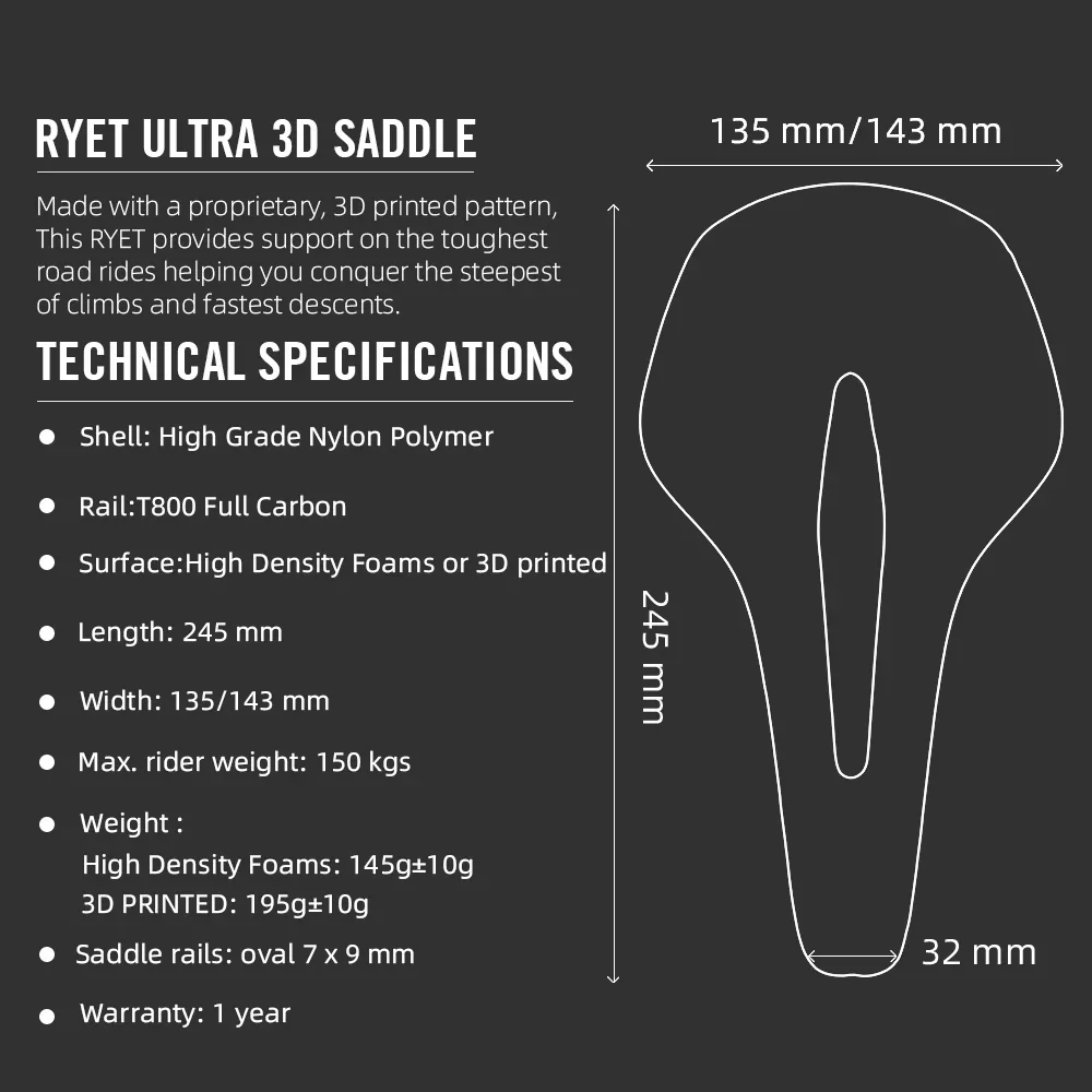 RYET サドル　245×135mm RYET 3D プリント自転車サドル 245 ミリメートル * 135/143