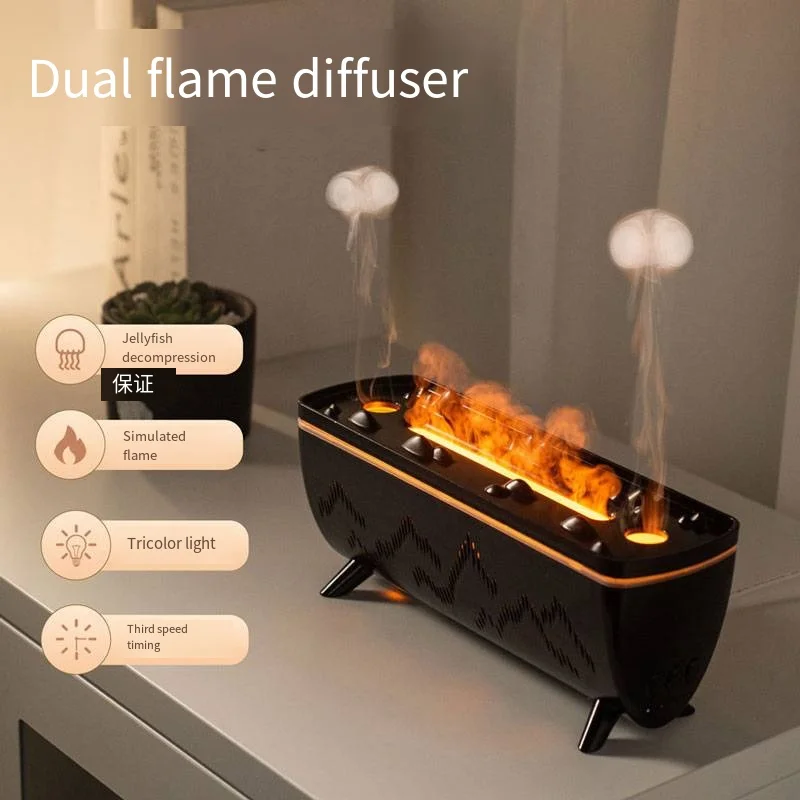 Humidificador Simulated Flame Household Aromatherapy Machine Desktop Ultrasonic Double Spray Office Humidifier 4