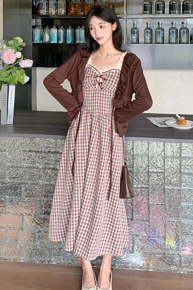 Spring Elegant Maternity Dress Suits Sweet Long Sleeve Ruffles Cardigans Plaid Dress Twinset Pregnant Woman Party Clothes Set