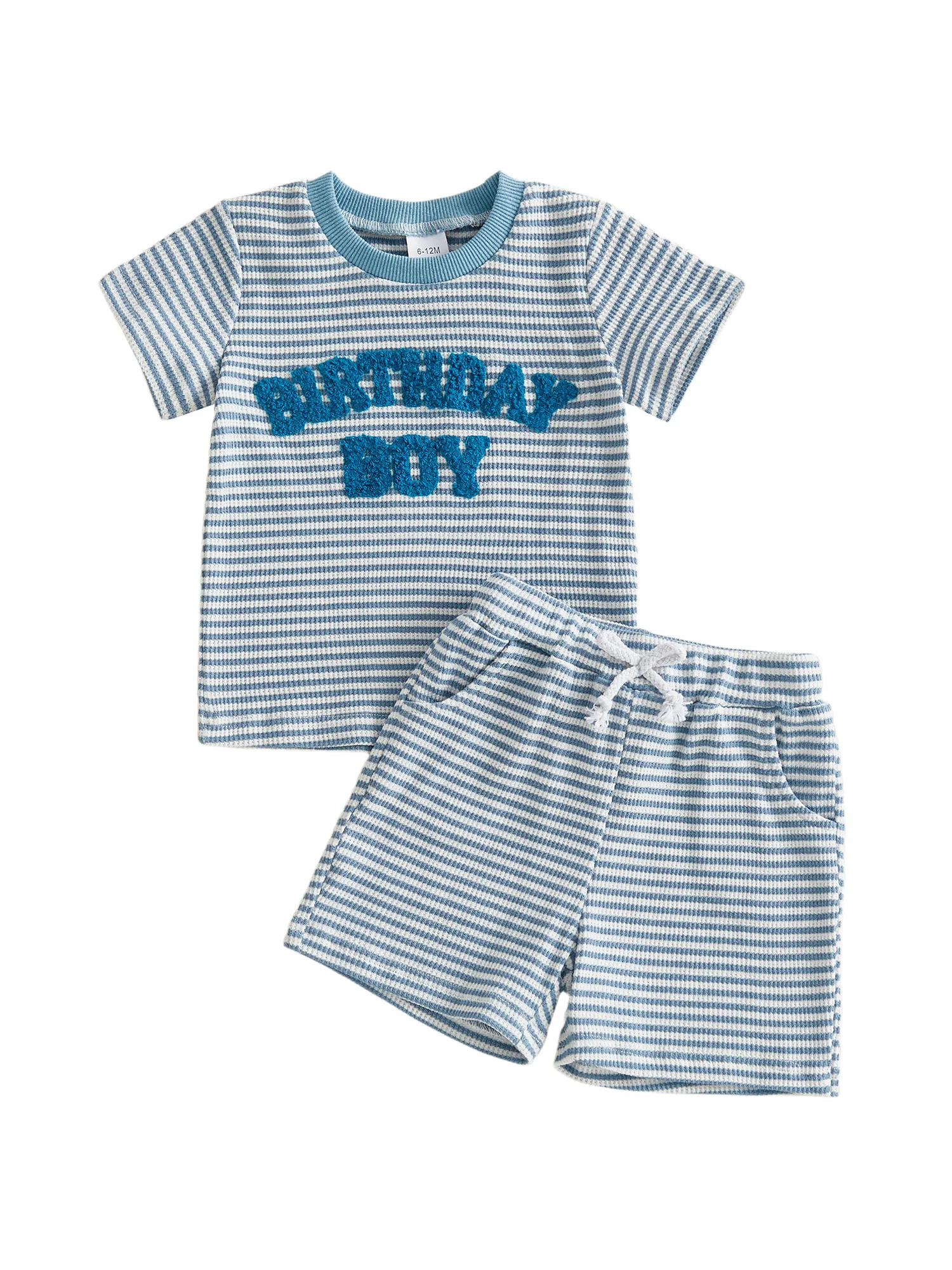 Cute Baby Boy Striped Set with Embroidered Letters Short Sleeve Tee and Elastic Waist Shorts for Summer Fun