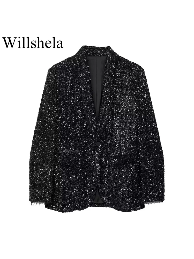 

Willshela Women Fashion With Sequined Black Single Button Blazer Vintage Notched Neck Long Sleeves Female Chic Lady Outfits