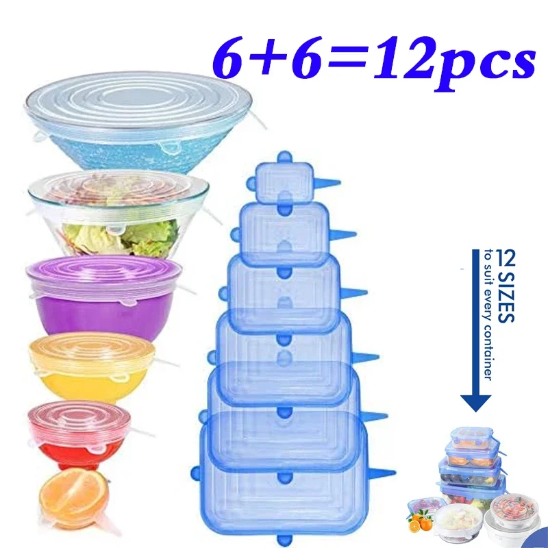 12pcs Food Cover Silicone Stretch Lids Round Rectangle Magic Lids Reusable For Bowls Cups Cans Shapes of Container Dishwasher
