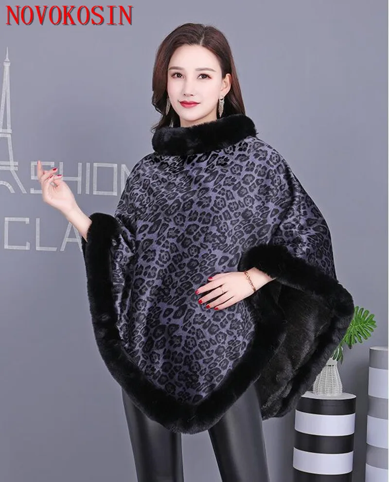 2022 Winter Warm O Neck Faux Rabbit Fur Thick Cloak Women Leopard Print Shawl Capes Plush Poncho Plus Size Velvet Pullover Coat