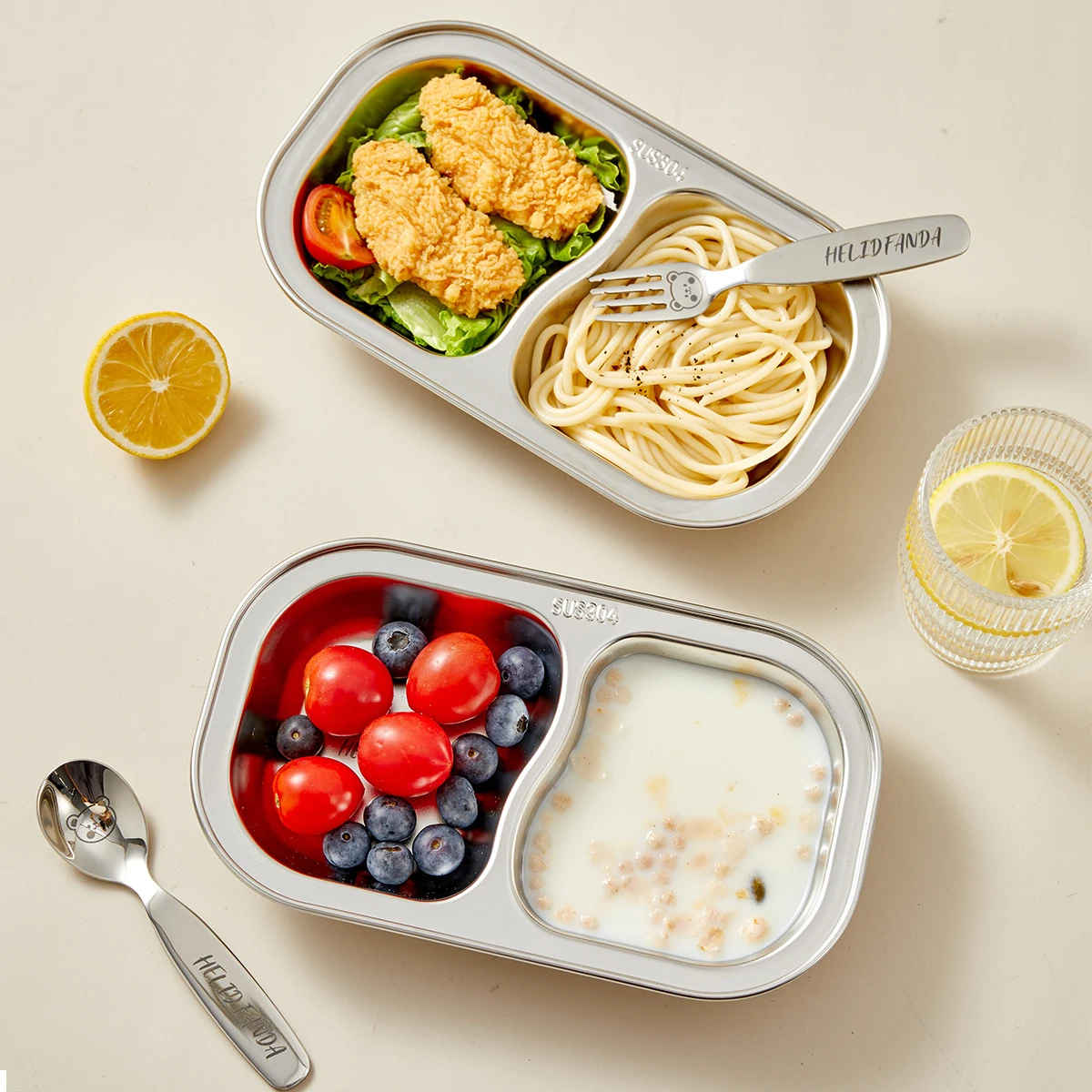 WORTHBUY 2 Compartments Kid Dining Plate 304 Stainless Steel Divided Dinner Plate Kitchen Cute Pattern Child Salad Dinner Tray