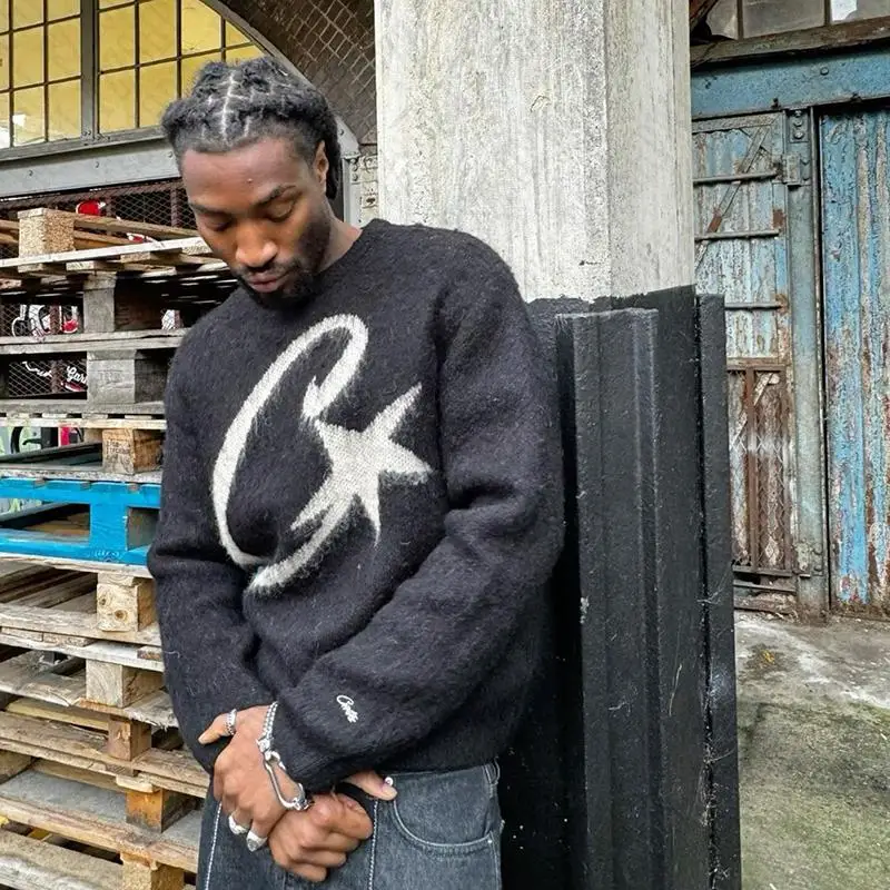 High street Hiphop Y2k Knitted sweater Harajuku Graphic Print Punk Pullover Grunge Rock Goth Oversized Casual Chic Knitt Top EMO Turtleneck Sweater Basic Sweater Jacquard Sweater