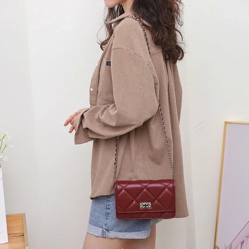 Women's leather diagonal cross bag sheepskin diamond chain fashionable small square bag women's classic small fragrant style bag