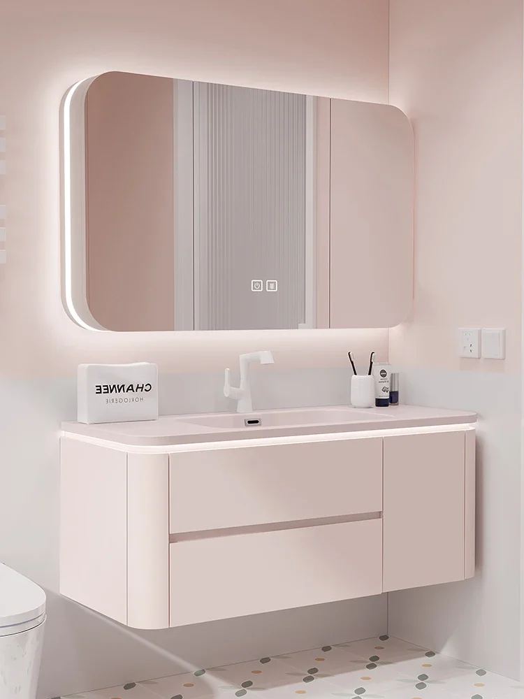 

French Cream Style Bathroom Cabinet Whole Washbin Skin Feeling Arc Wash Basin Bathroom Face Washing Cabinet