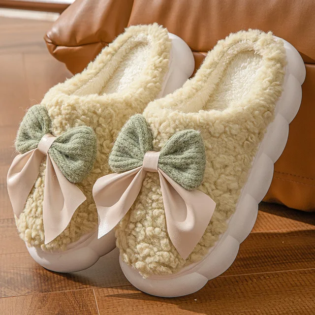 Cotton slippers for women bow slippers for autumn and winter warm for women thick soled non slip home plush slippers 6